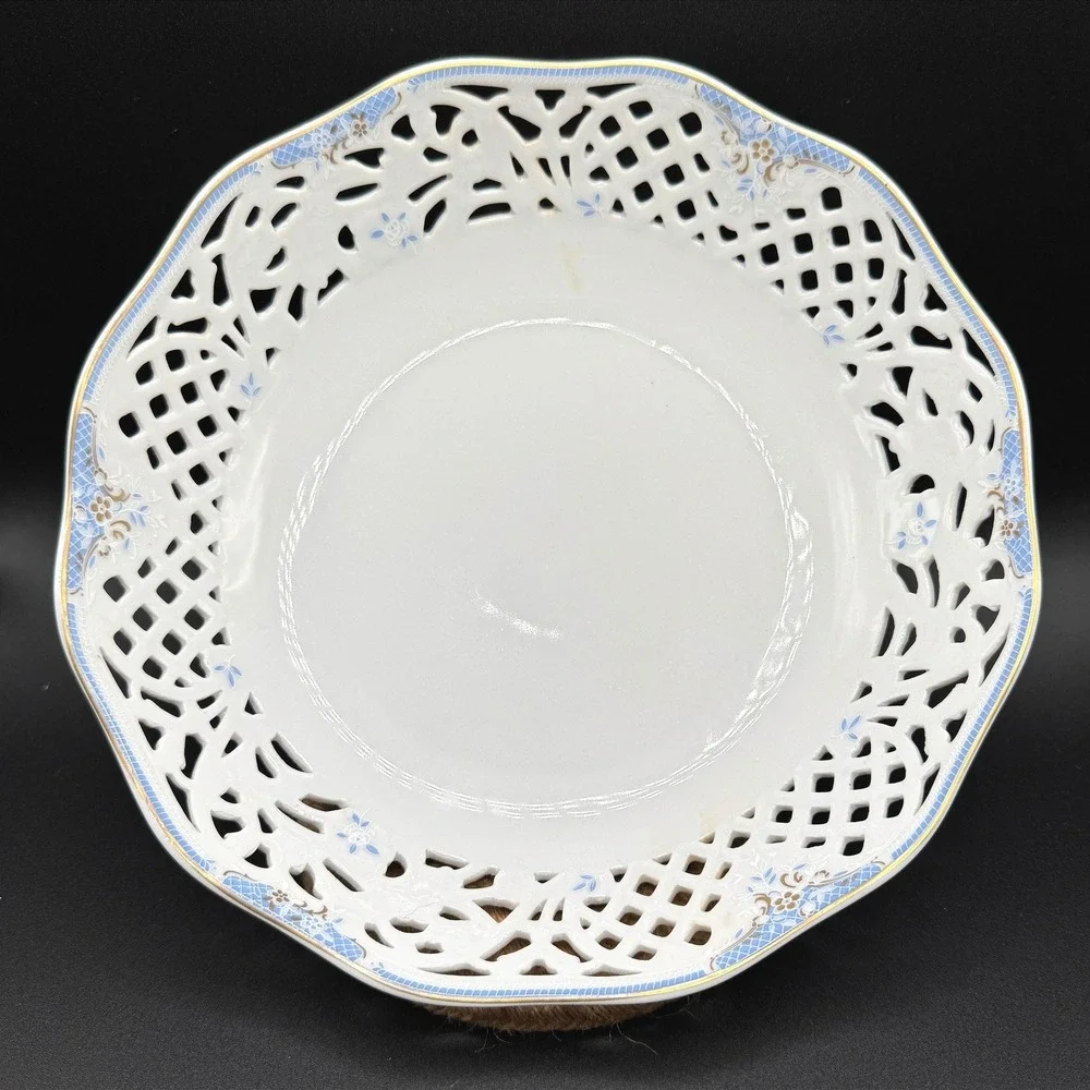 Oscar de la Renta Bouquet Blue Reticulated Serving Bowl West Germany Cottagecore